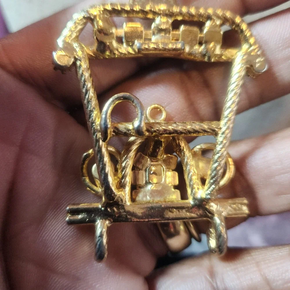 Vintage Gold Tone Rickshaw Pendant Necklace Black Rhinestone White Cabochon